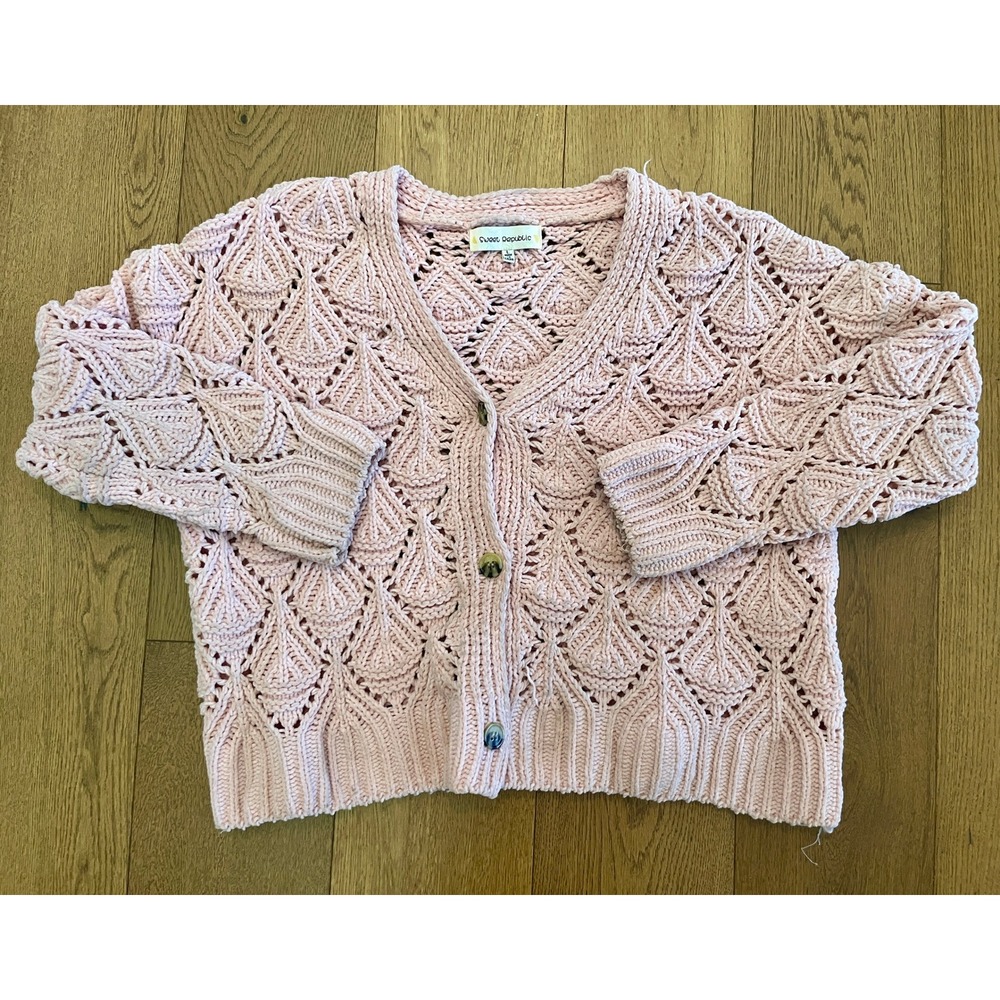 Sweet Republic Pink Chunky Pointelle Knit Button Front Cardigan Sweater Large